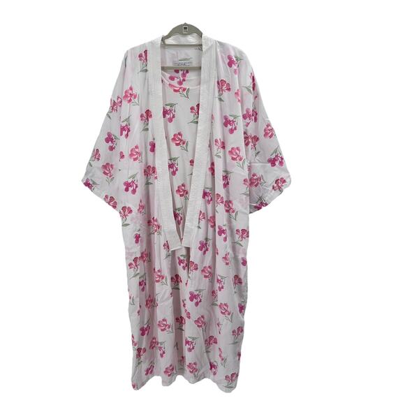 Vintage CRABTREE & EVELYN Long Nightgown Kimono Robe White Pink Floral Medium